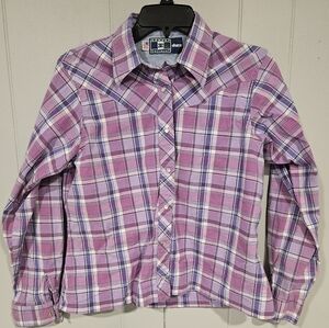 Cowboy Equipment 4Her Womens Shirt Small Long Sleeve Pink Plaid Pearl Snap